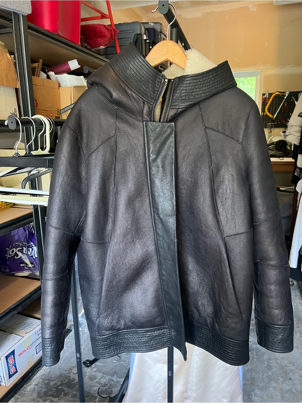 Women's Black Leather Shearling-Trim Bomber Jacket